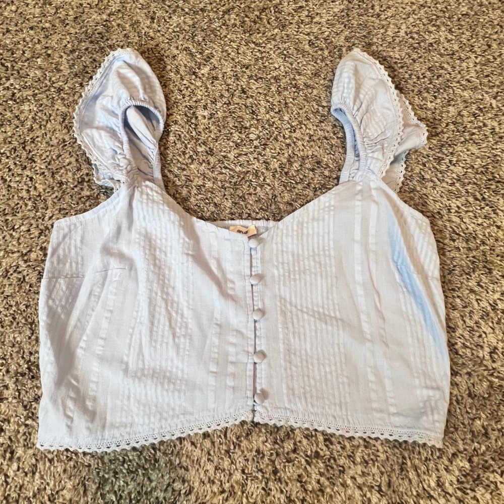 Aerie Light Blue Ruffle Strap Button Front Smocked Back Cotton Crop Top XL NEW